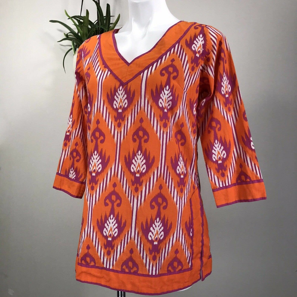 Gretchen Scott Endless Ikat Tunic Top‎ Orange Cotton 3/4 Sleeve Shirt Size S